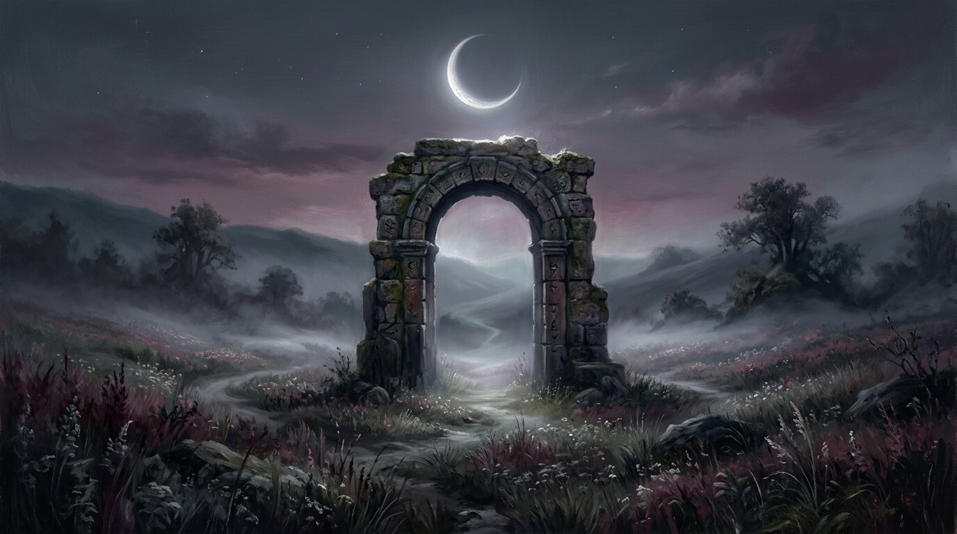 An old stone arch stands in a foggy field under a bright crescent moon in the twilight sky.