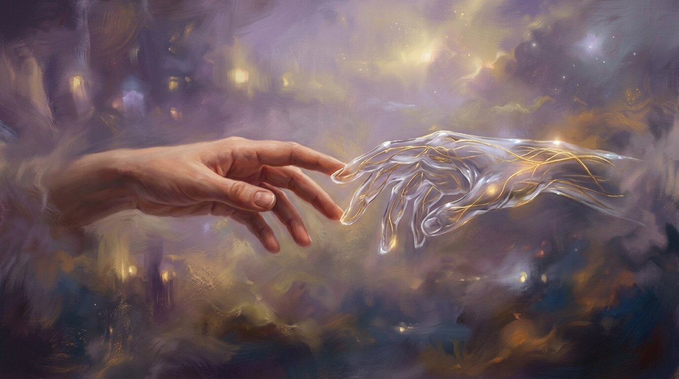 A human hand gently reaches toward a translucent glass hand glowing with delicate golden light in a soft violet haze.