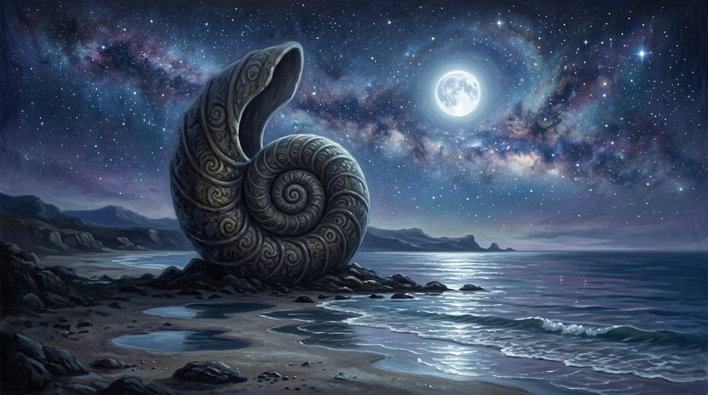 A carved stone spiral monument sits beside a calm nocturnal sea beneath a silver moon and starry night sky.
