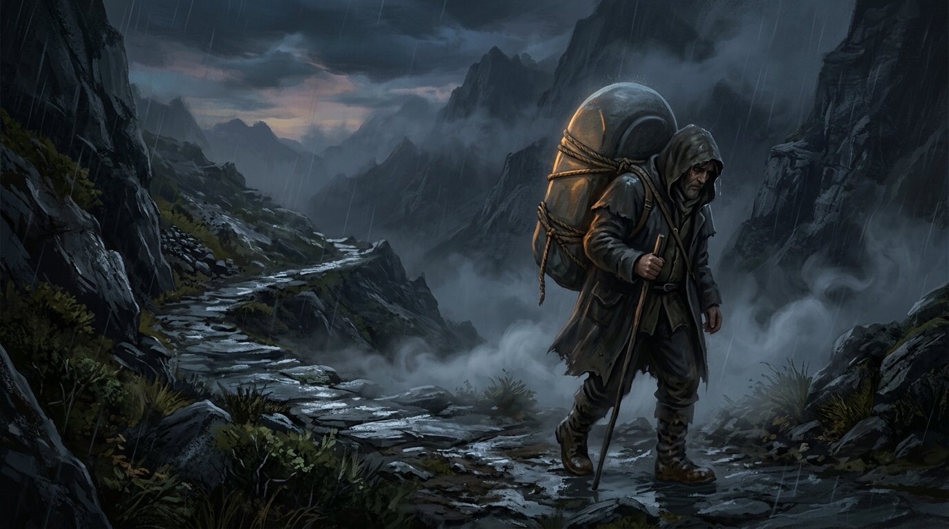 A solitary traveler walks along a foggy, rain-slicked path carrying a heavy dome-shaped stone on their back.