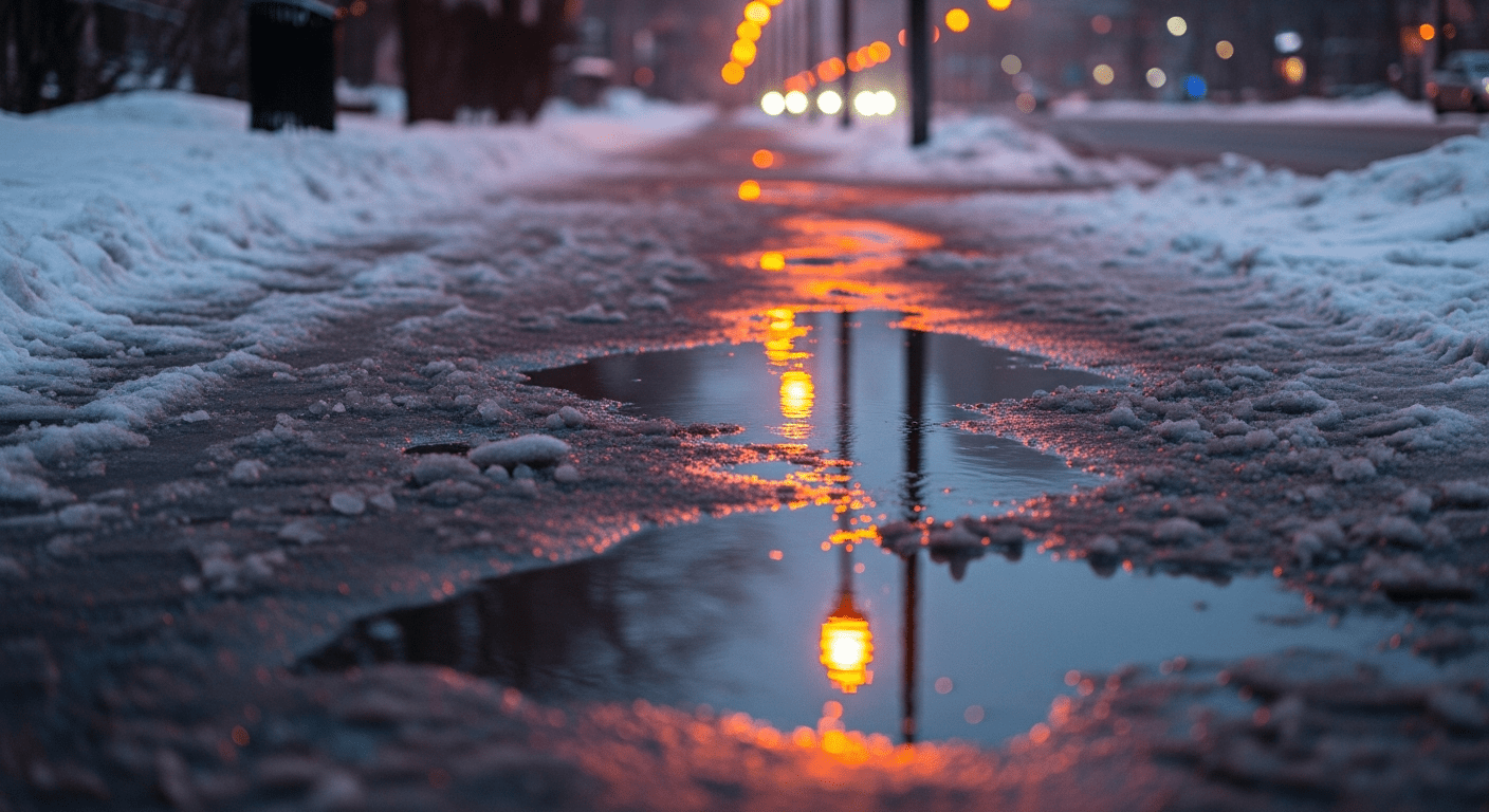 Cinematic hazy photograph of gray melting snow on a city sidewalk with a warm evening streetlamp reflecting beautifully in a slushy puddle