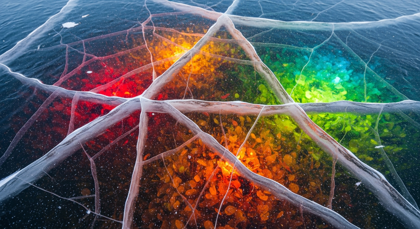 Ethereal abstract image of a frozen lake surface with faint warm vibrant colors glowing from deep beneath the intricately cracked ice