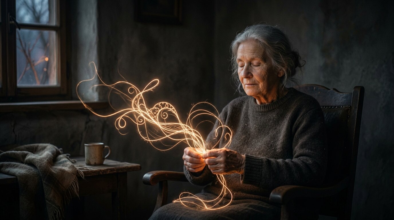 A serene, elderly person with closed eyes sits in a dark room, cupping a luminous, intricate thread of light that floats in the air before them.