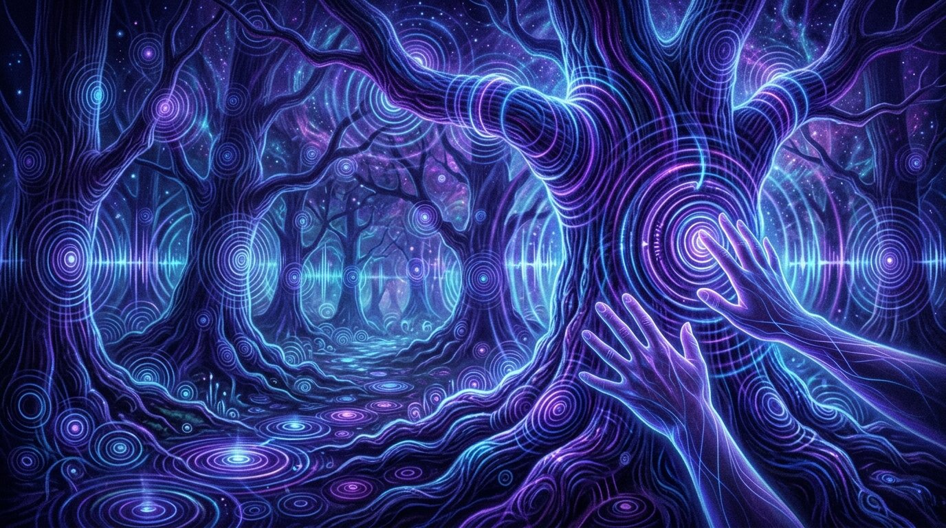 Outstretched hands reach towards a tree in a dark forest, and the entire scene is made visible by glowing, circular ripples of light, like sound waves.