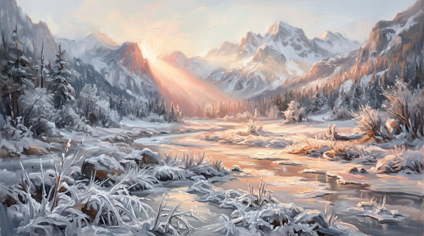Pale silver ice across a quiet valley catches a beam of golden sunlight, turning frosted edges into warm apricot light.