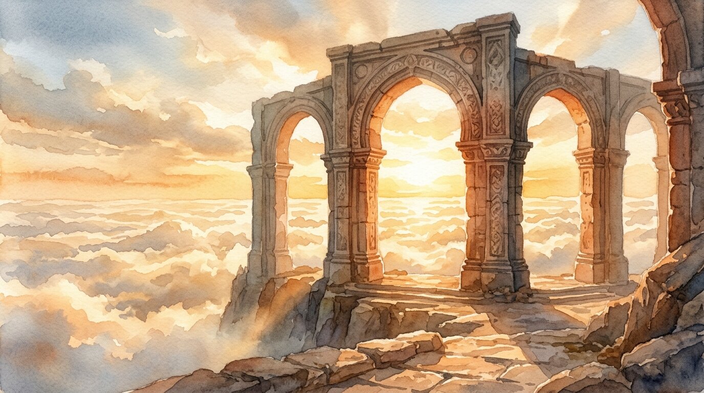 Tall ancient stone archways rise above floating white morning mist as warm amber light shines through the open columns.