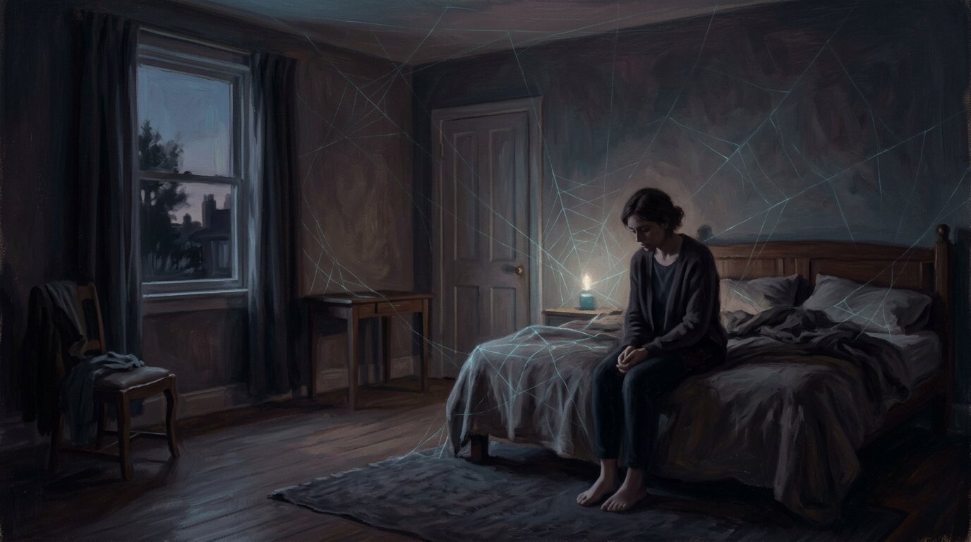 A person sits quietly on the edge of a bed in a shadowy room, surrounded by delicate webs of pale blue light that cast long faint shadows across the floor.