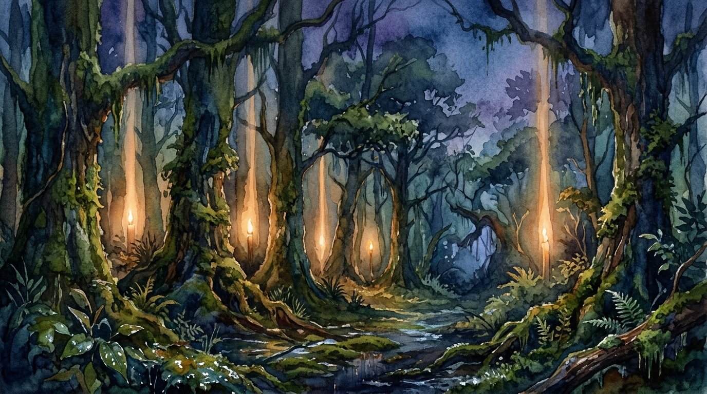 Dense twilight shrouds an ancient forest where tall dark tree trunks merge into faint vertical beams of pale yellow light along a damp dirt path.