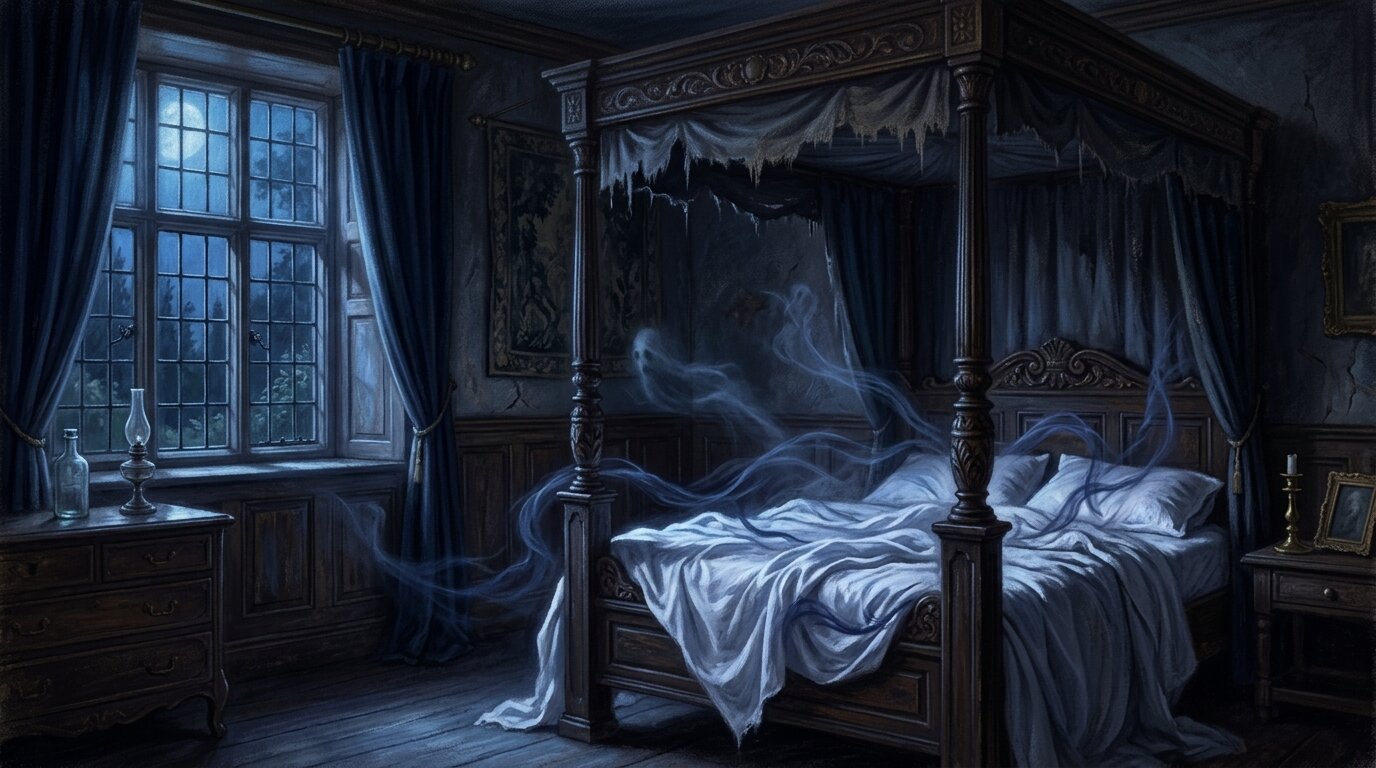 Deep indigo moonlight illuminates a vintage bedroom where soft misty shadow shapes hover softly above a white bed.