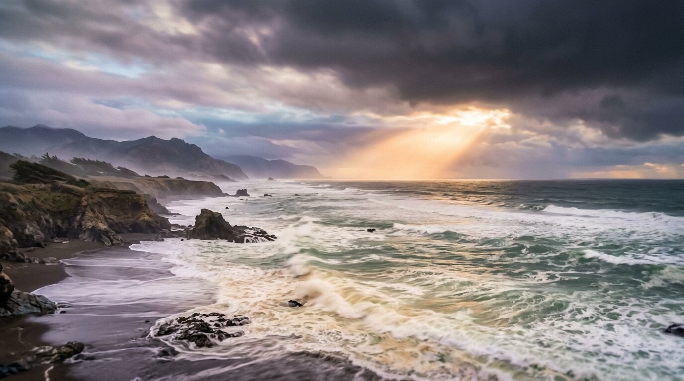 Heavy grey storm clouds split open over a calm shoreline, allowing brilliant morning sunlight to flood across the wet sand.