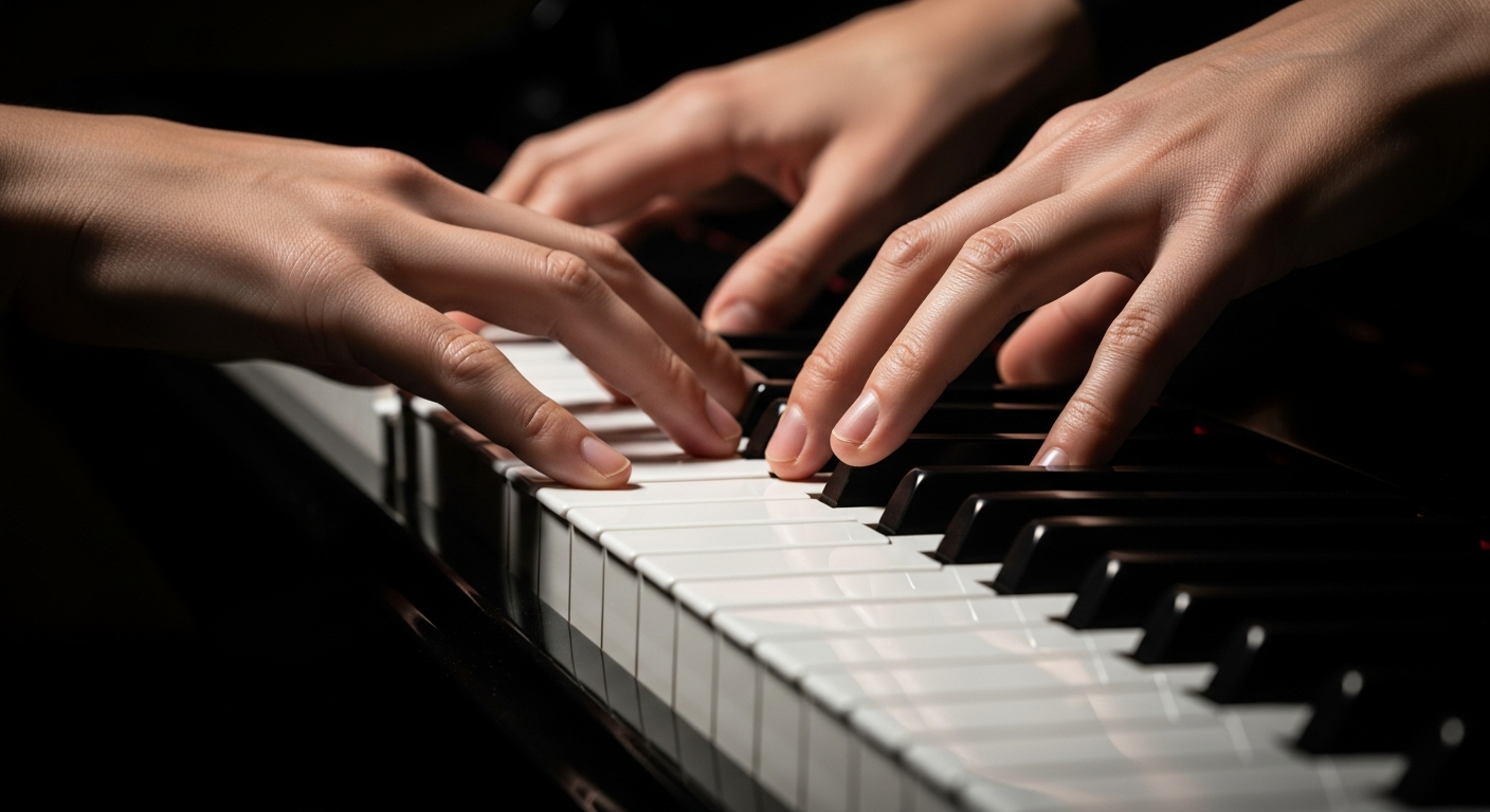 A close-up of hands gently resting on glowing piano keys, suggesting a moment of quiet emotional potential.
