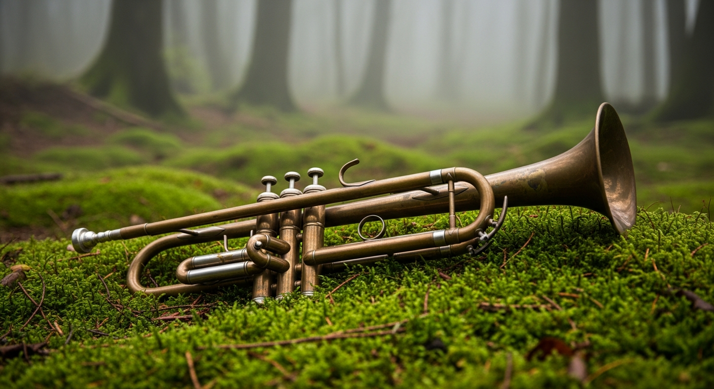 An old brass trumpet lies on a bed of green moss in a misty forest, evoking a sense of a lost voice waiting to be rediscovered.