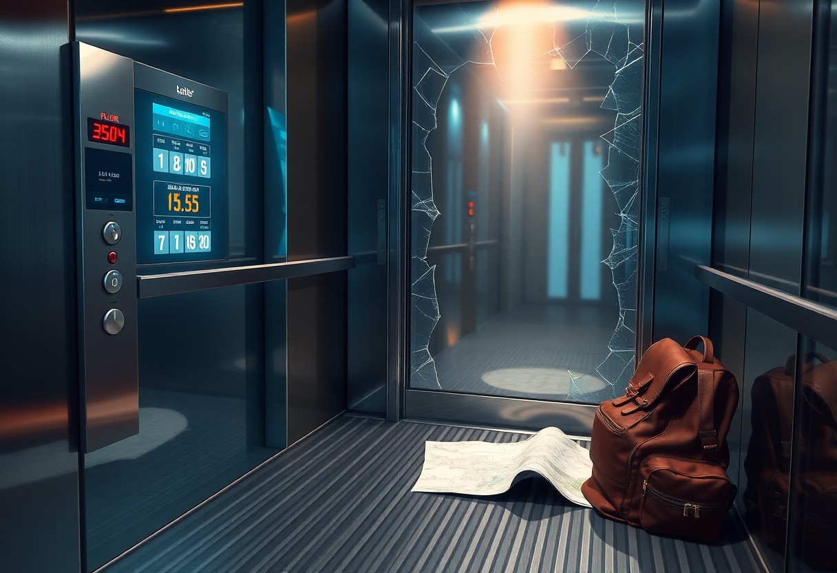 A person standing alone in an elevator, caught between floors in soft shadow