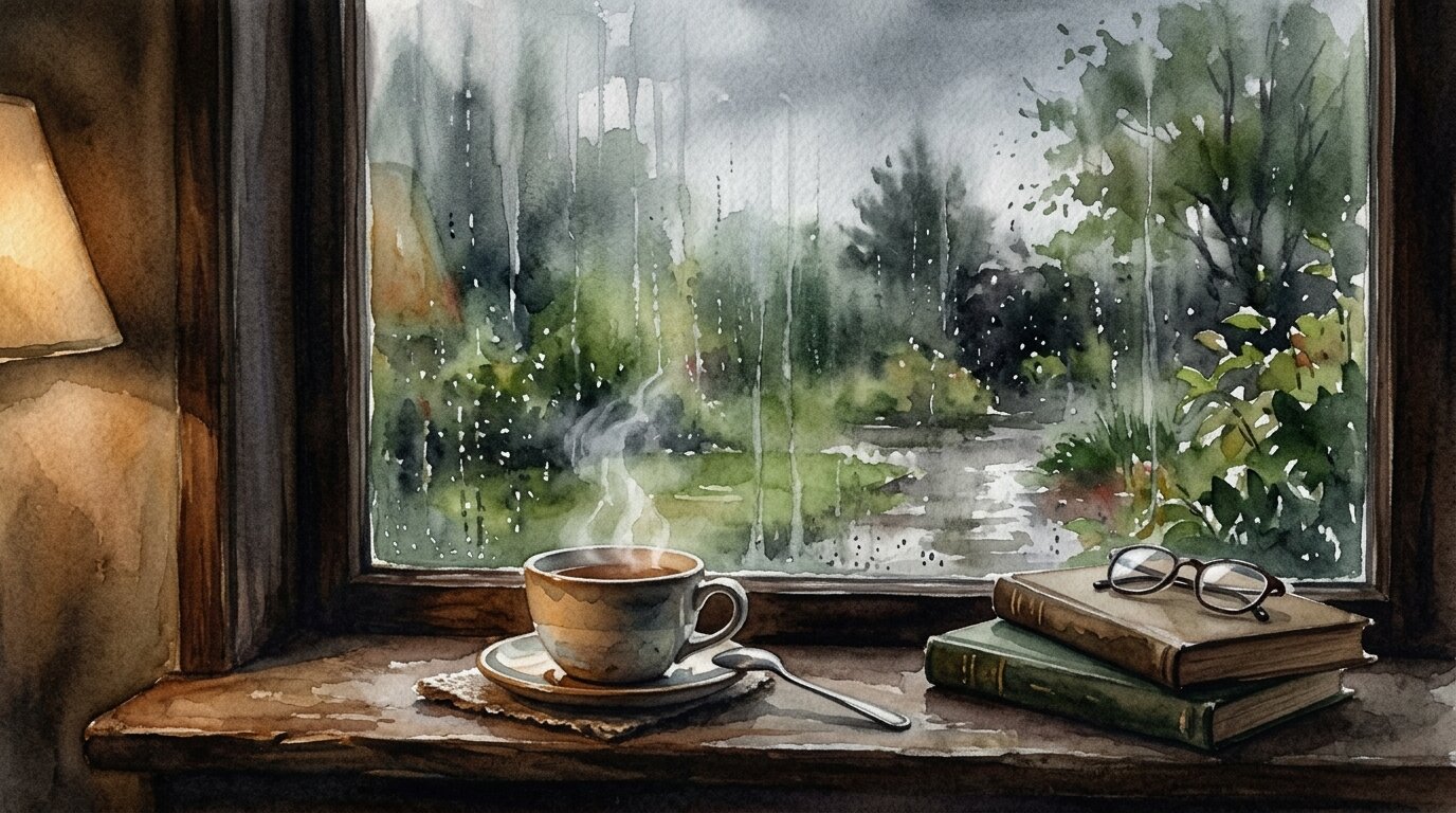 Warm lamplight illuminates a steaming mug on a wooden windowsill while soft rain streaks across the window glass outside.