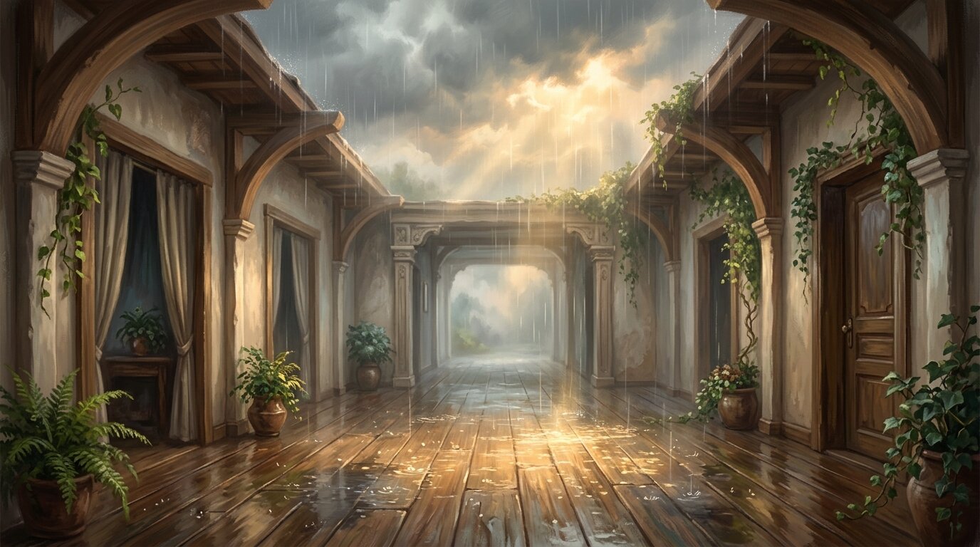 Light rain drops from an open ceiling inside a hallway, forming glowing golden puddles on the dark wooden floor.