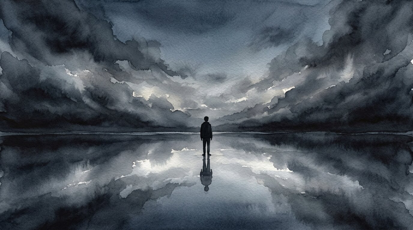 A solitary figure stands on still water as heavy dark mist softly closes in from all sides under a faint silver twilight.