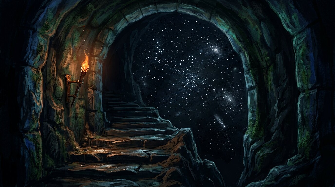 Fading warm embers at the base of ancient stone steps yield to a deep blue cavern illuminated only by faint floating motes of light.