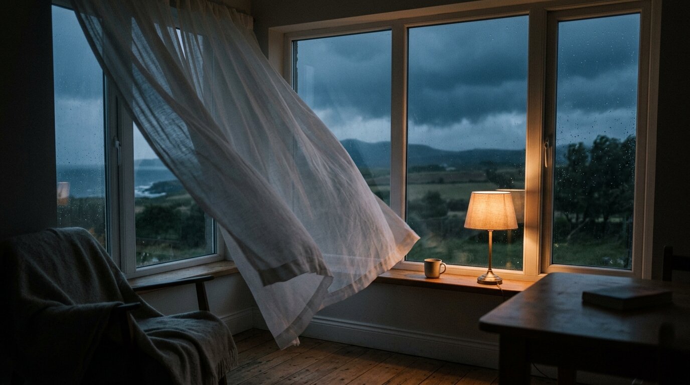 Sheer white curtains blow inward into a quiet, softly lit room as storm clouds gather outside the window.