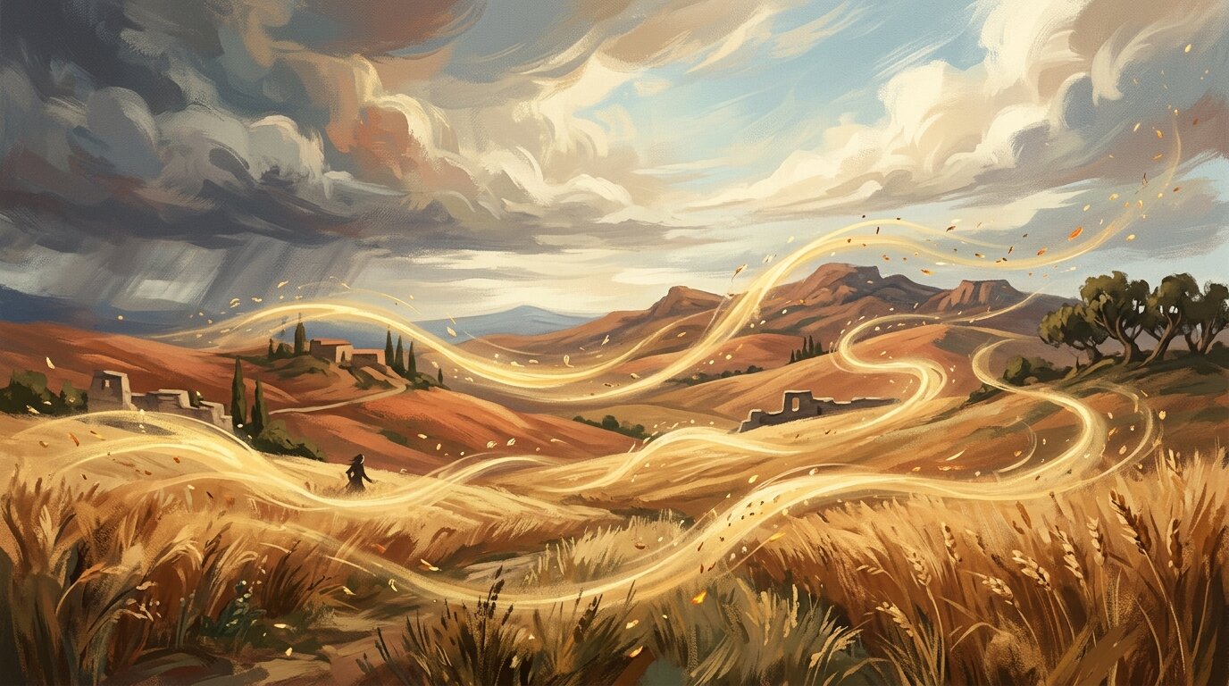 Golden wind currents swirl across ancient rolling hills, carrying seeds and light across a wide countryside.
