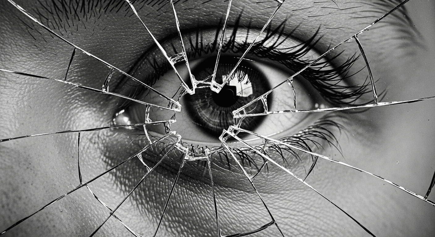 A close-up, black and white photo of a person's eye seen through a spiderweb of cracks in glass, conveying a feeling of sudden, shattering realization.