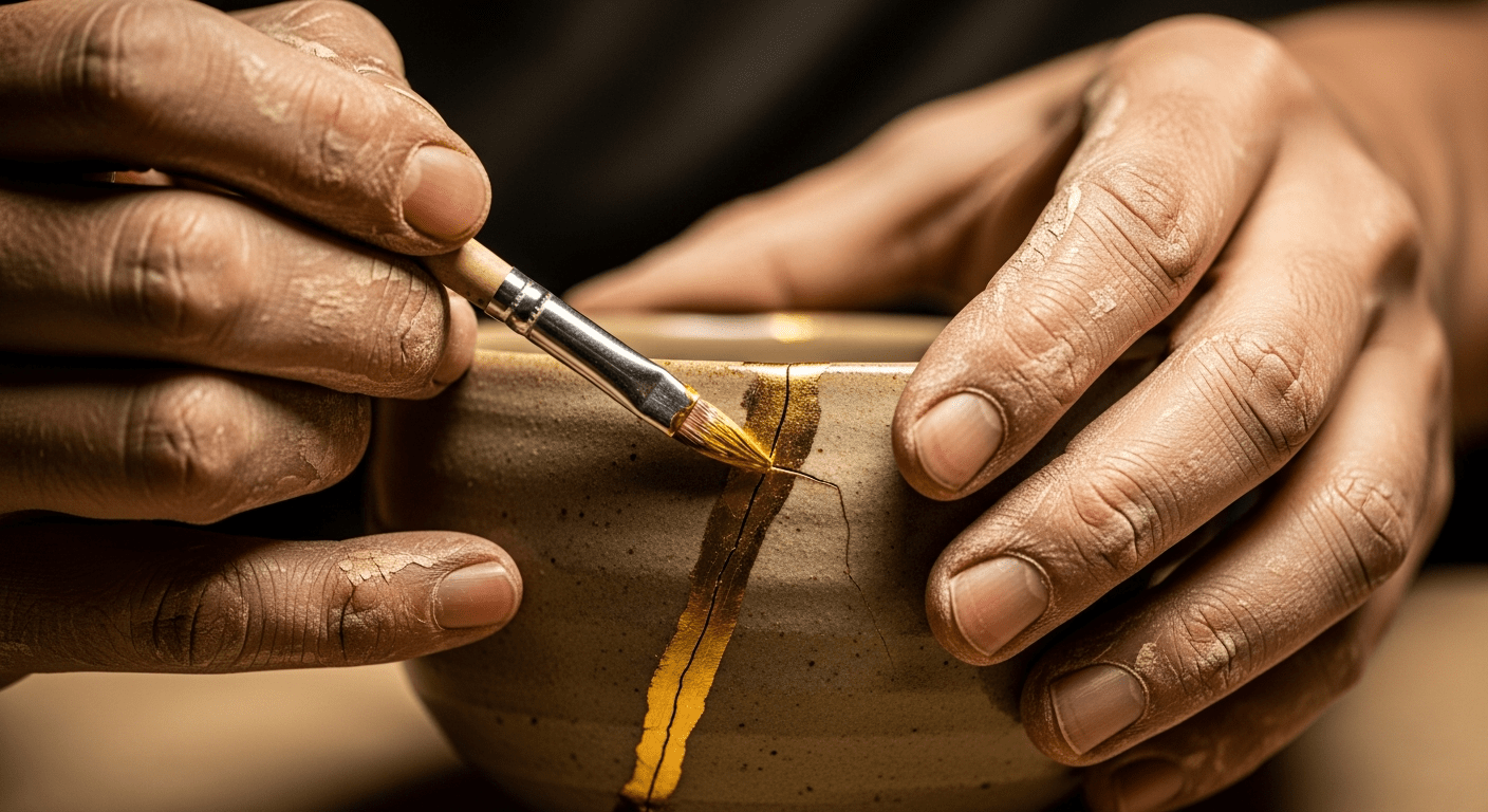 A close-up, warm image of a potter's hands carefully applying gold lacquer to a crack in a ceramic bowl, representing the Japanese art of Kintsugi.