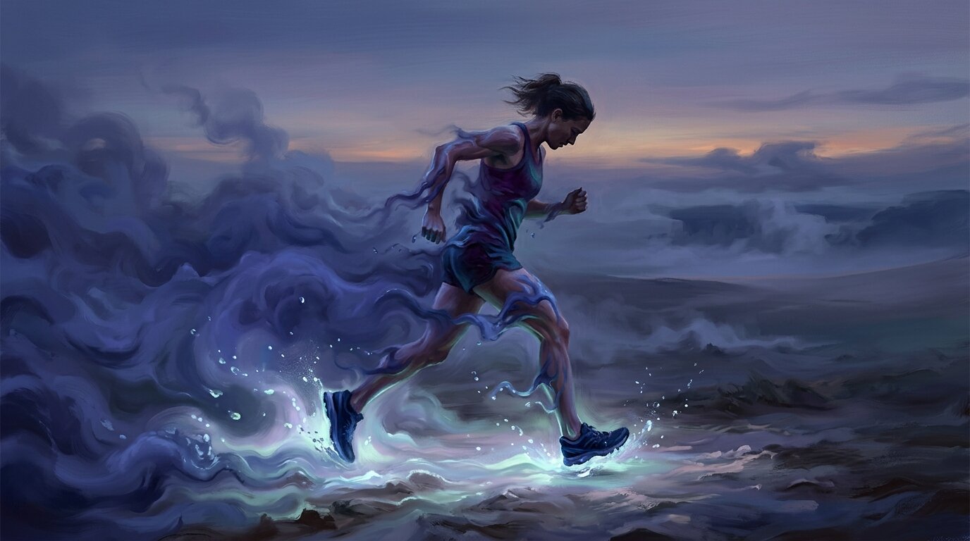 A runner leans heavily forward while wading through thick, glowing blue mist that surges around their legs like deep water.