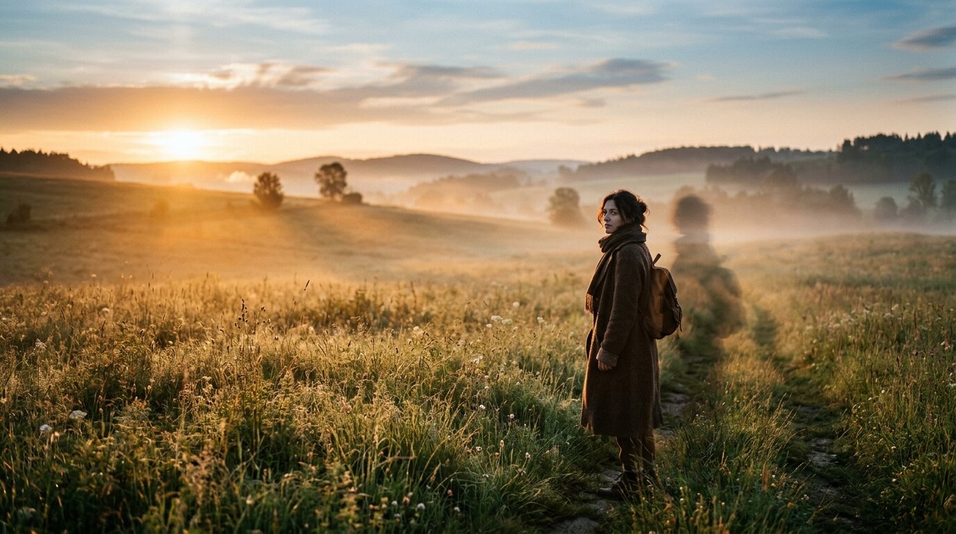 A person stands in a sunlit morning field, turning to look back at a faint, dissolving shadow lingering in the golden light.