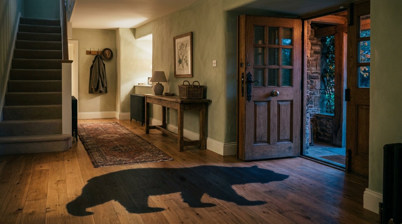A heavy oak door stands half-open in a hallway, casting a long silhouette of a bear across warm wooden floorboards.