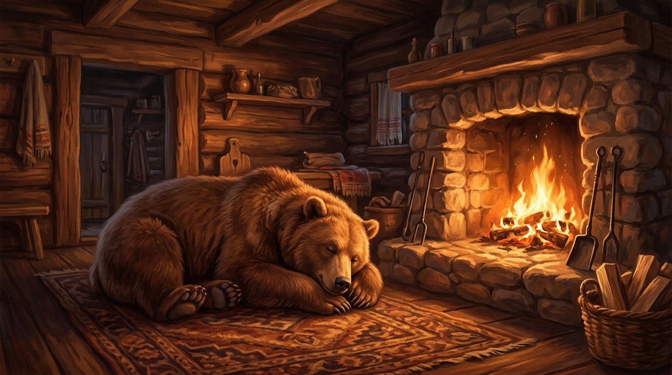 Inside a rustic stone cabin, a large bear slumbers peacefully on a woven rug beside a warm glowing fireplace.