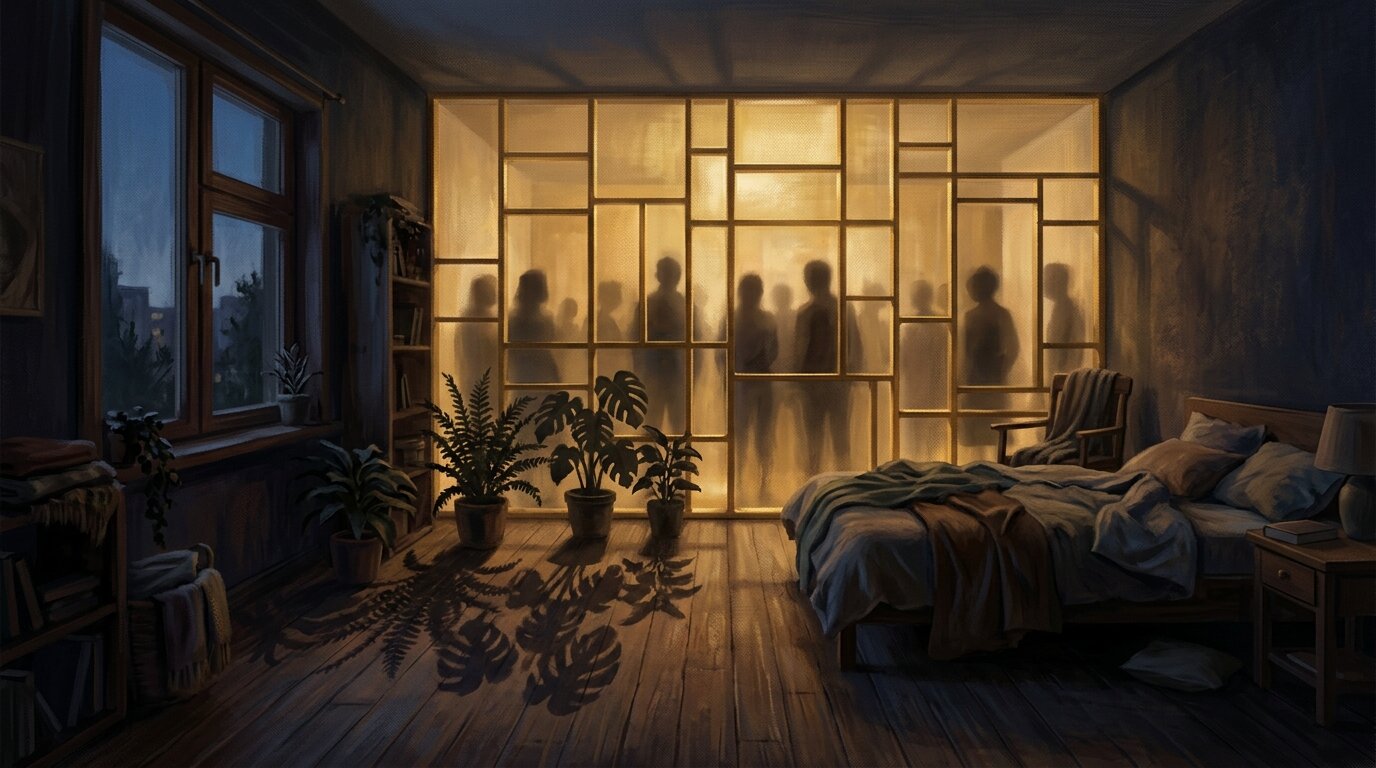 The wall of a dimly lit bedroom transforms into a glowing grid of illuminated panes, revealing muted shapes of silent spectators outside.