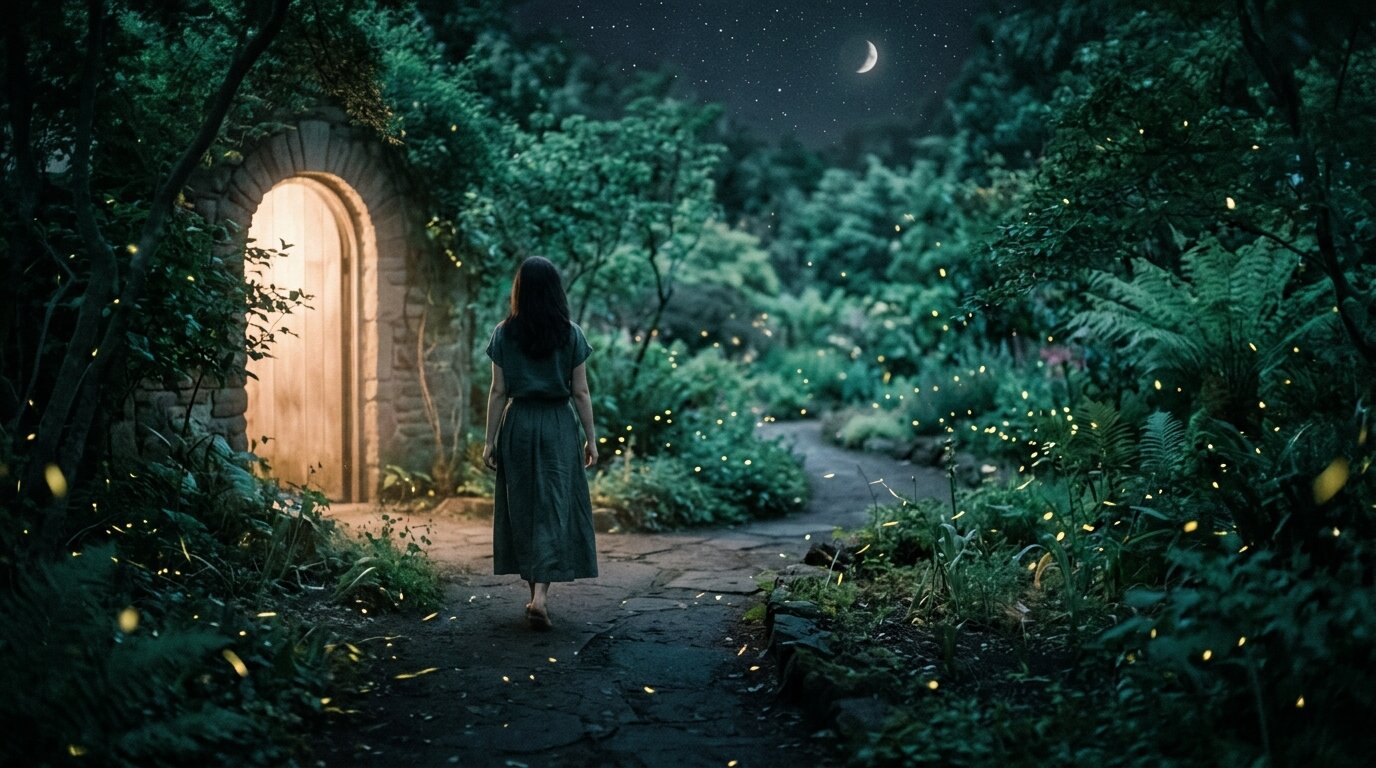 A person walks away from a brightly lit doorway and steps into a tranquil, dark garden filled with glowing fireflies.