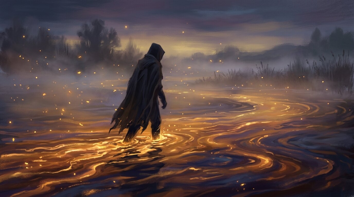 A lone silhouette walks through glowing, golden liquid that swirls around their legs under twilight mist.