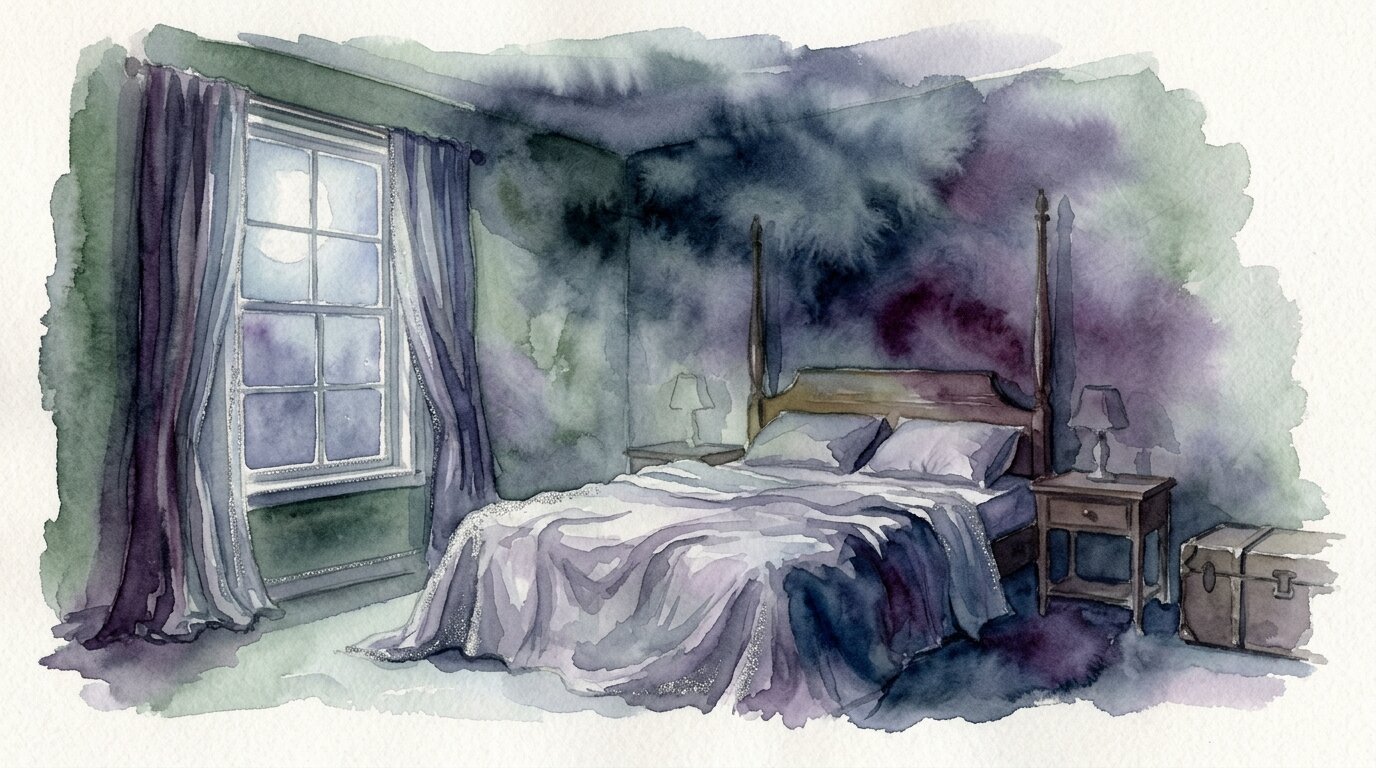 Silvery moonlight illuminates a quiet bedroom while soft indigo shadows gather gently above the bed.