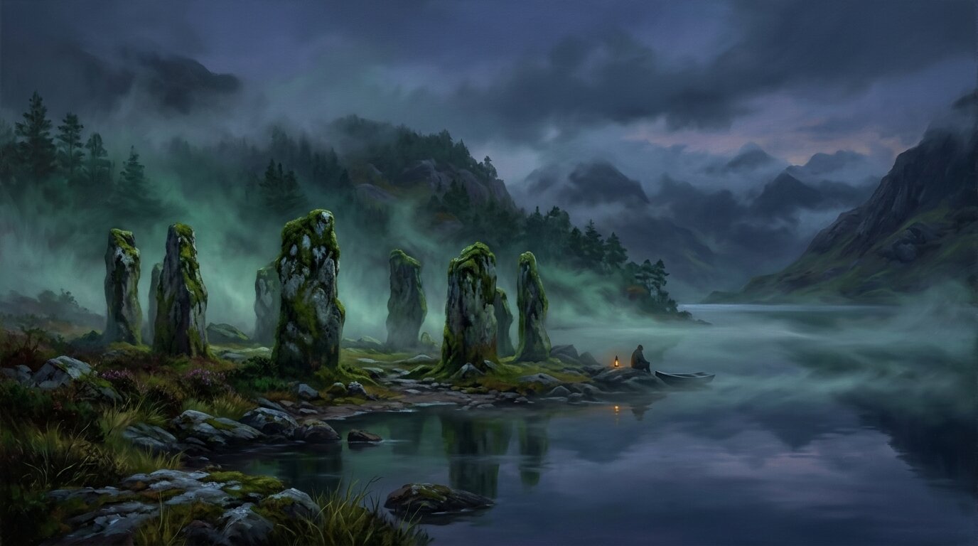 Ancient mossy stones stand quietly at the edge of a still lake wrapped in thick twilight mist.