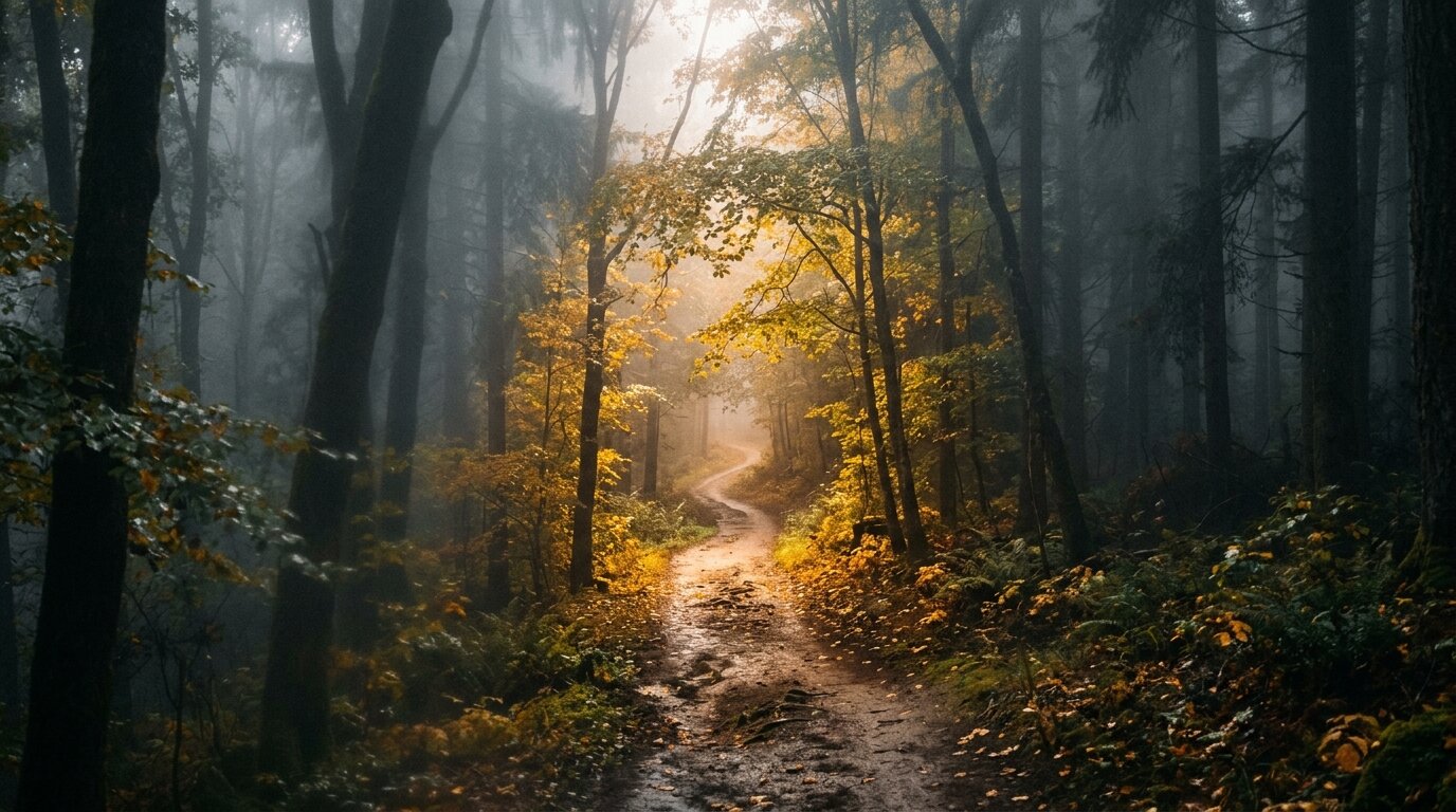A narrow forest trail appears through parting gray fog as golden morning light streams onto the ground.