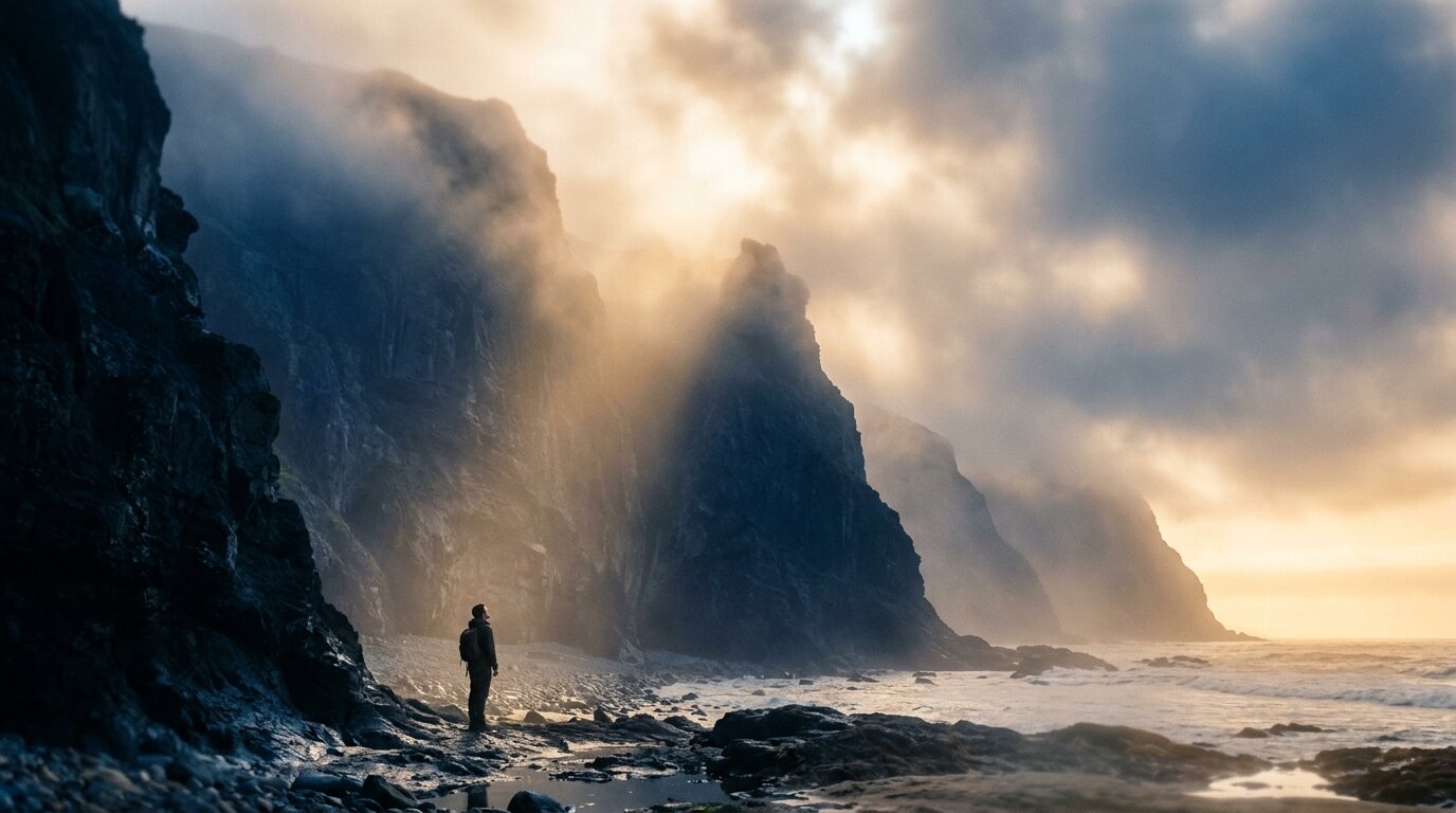 A small figure stands in a misty indigo gorge as towering cliff walls part to let warm morning sunlight flood through.