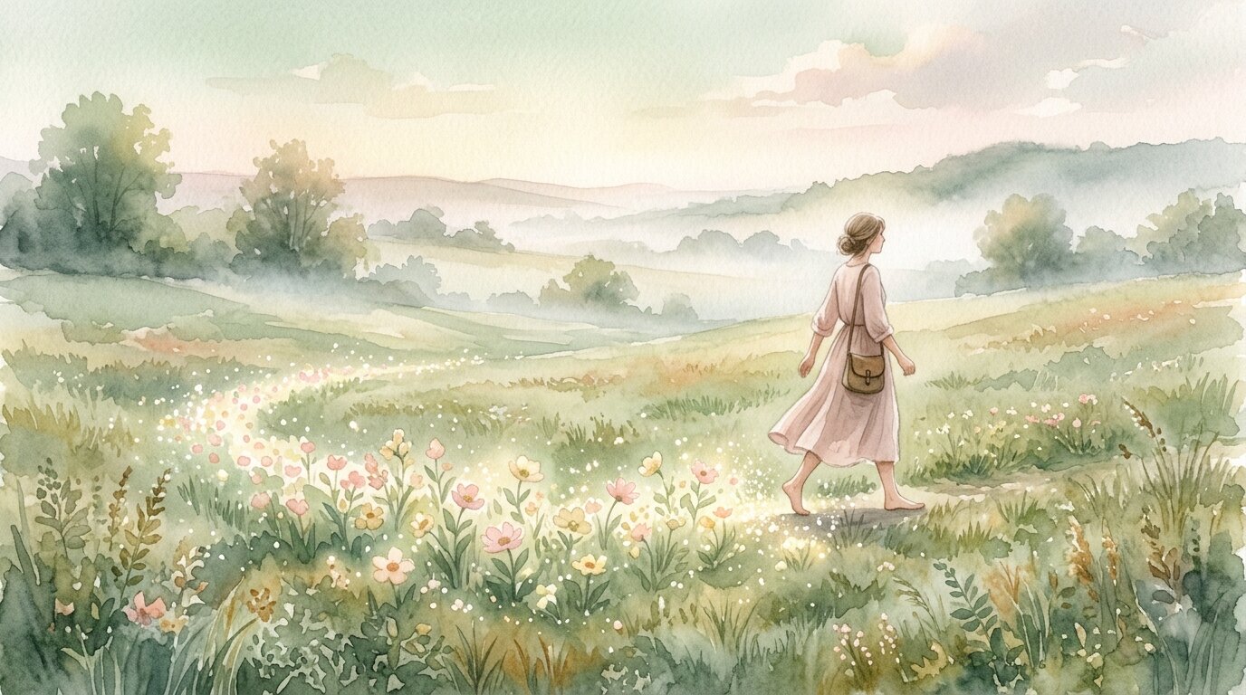 A traveler walks through a dewy morning meadow, leaving behind a luminous trail of vibrant blossoming flowers.