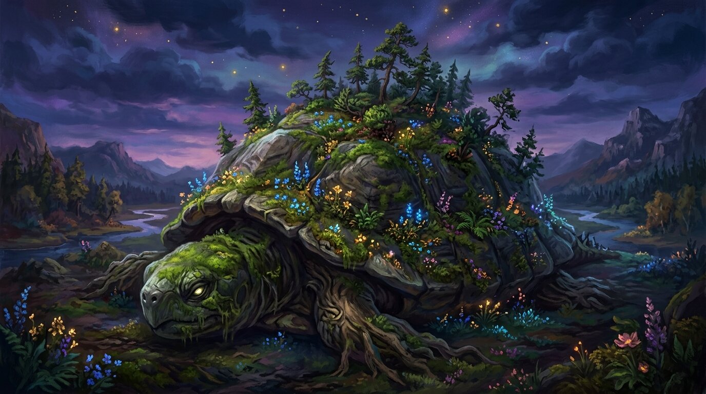 An immense mossy shell rests beneath a starry twilight sky, supporting miniature evergreen trees and luminous wildflowers.