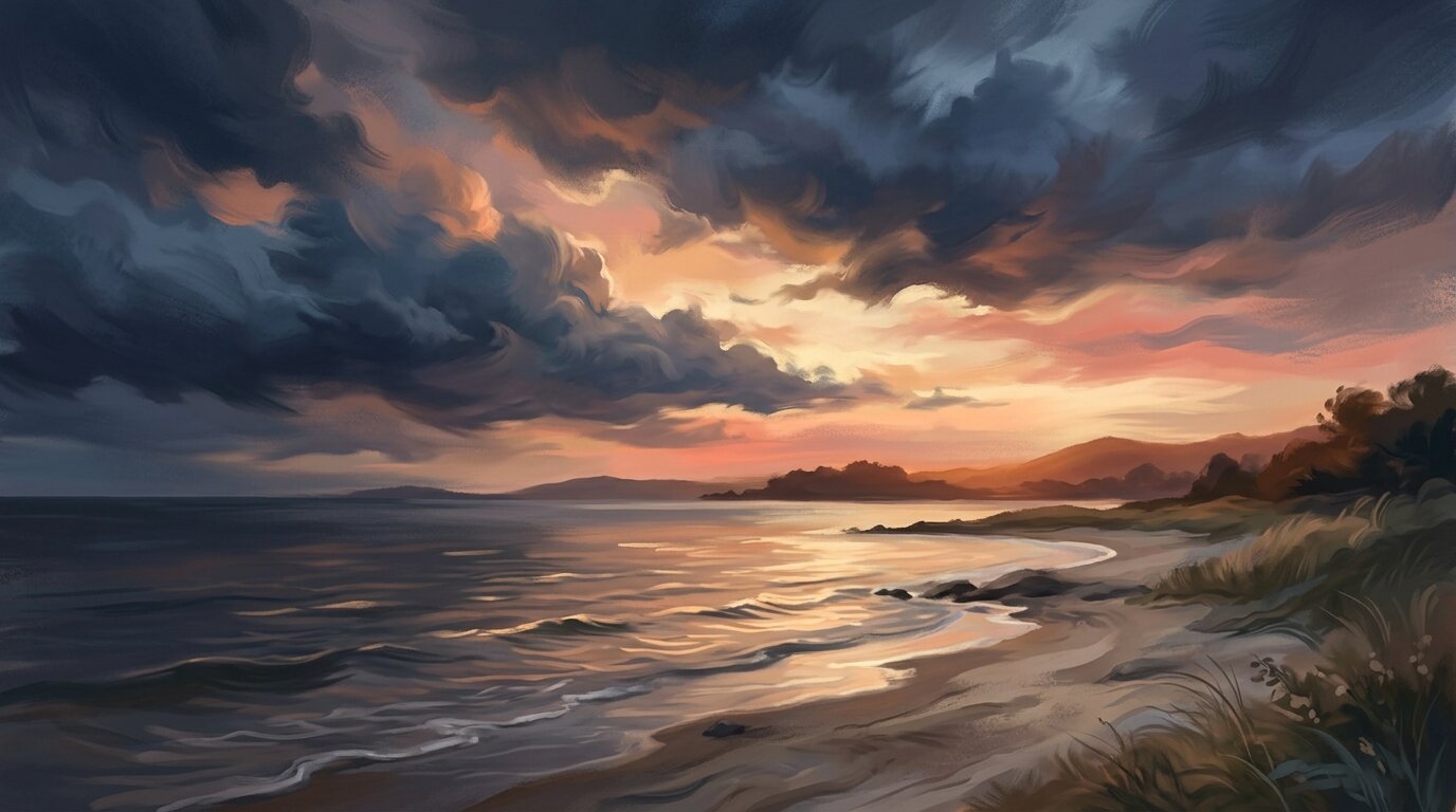 Dark storm clouds part over calm shore waters, casting warm golden light across gentle ripples in the evening sky.