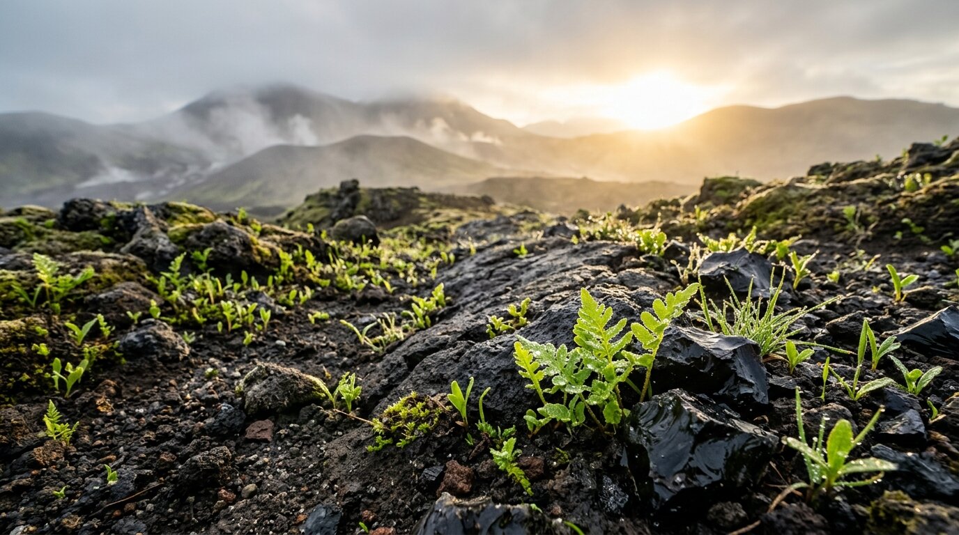Tiny green plants sprout through dark volcanic ash under warm golden sunlight breaking through morning mist.