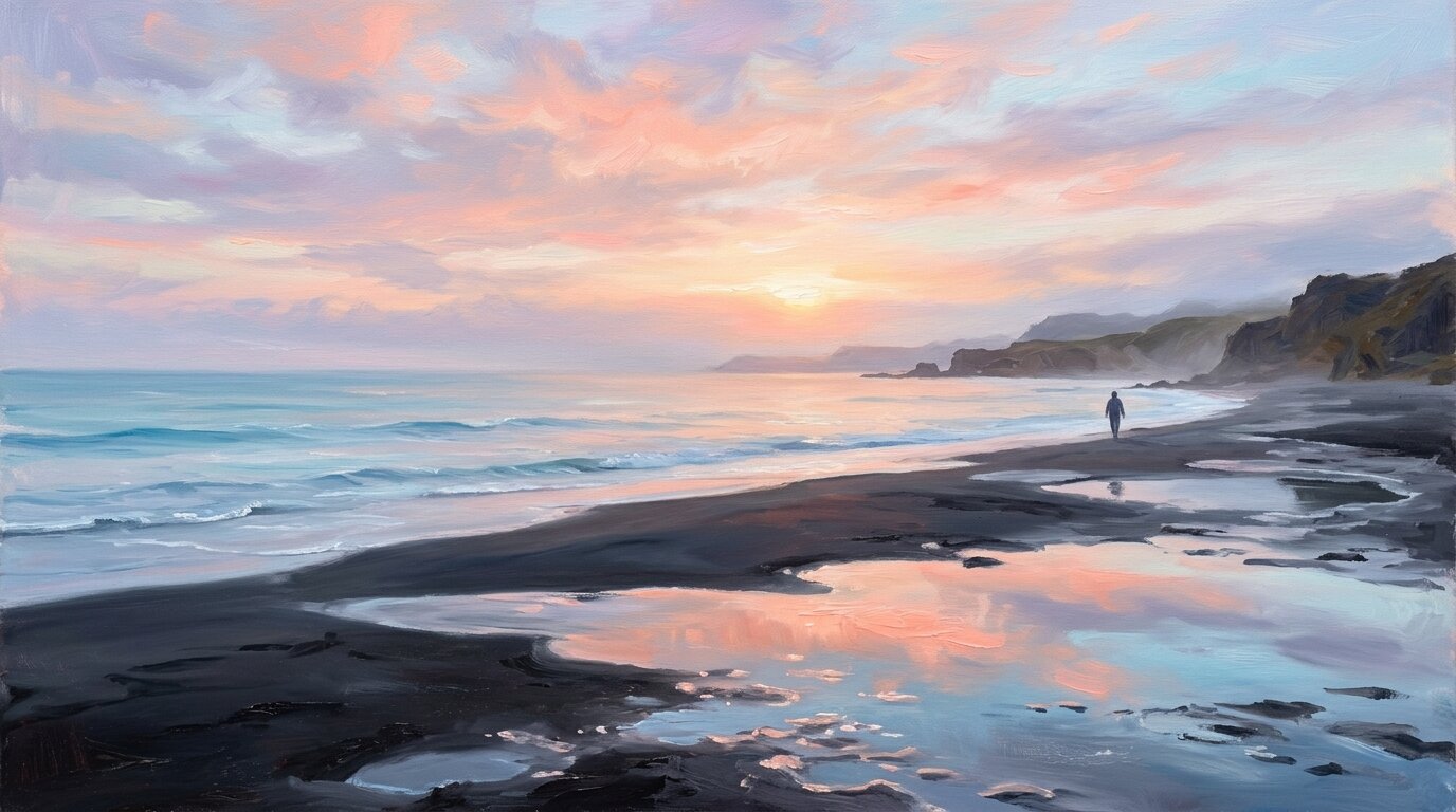 A solitary person walks along a calm black sand beach at sunrise, where tidepools reflect pale coral and blue sky.