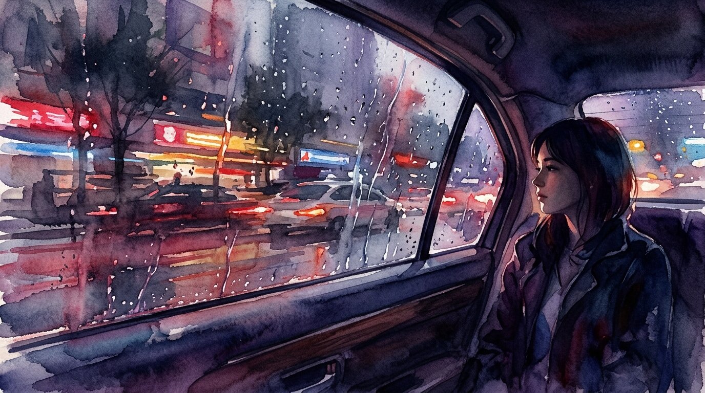 Blurry streaks of red and yellow streetlights refract through rain-speckled glass beside a shadowed profile.