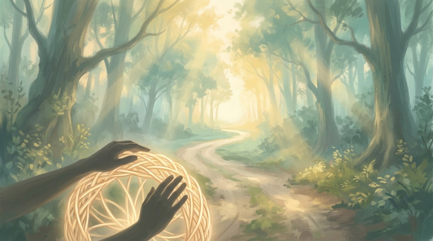 Golden morning sunlight breaks through forest mist over a quiet road, illuminating a gentle pair of hands holding a luminous wheel.