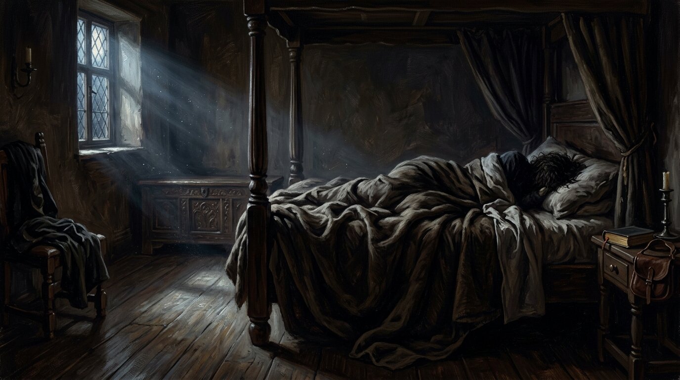 In a dark, historic bedroom, heavy blankets on a bed are crushed down by an invisible weight, suggesting a person being held down.