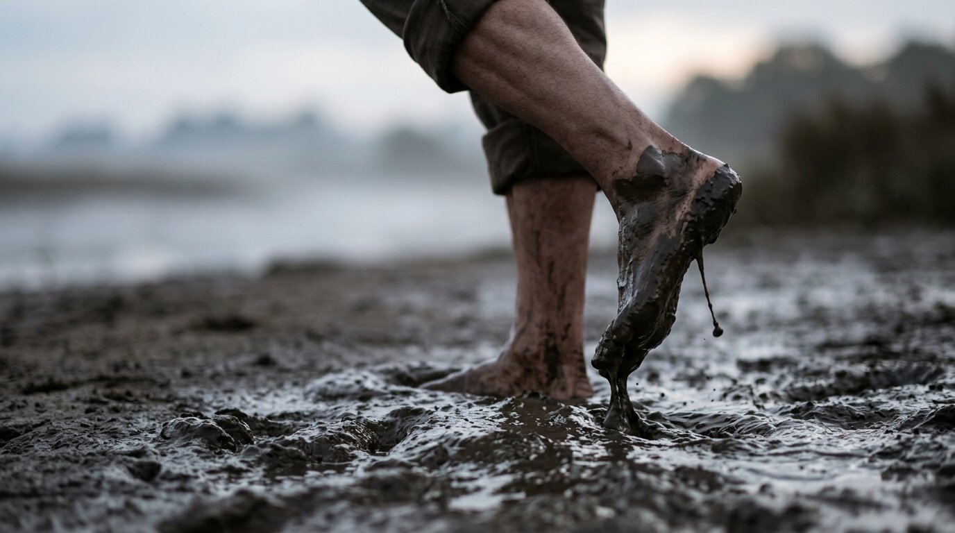 A close-up shot of two feet stuck deep in dark, wet mud, with one foot straining to pull free against the thick suction.